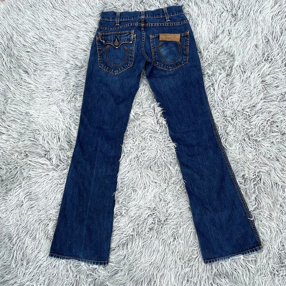 VTG Y2K True Religion Button Fly Flared Low Rise Denim Jeans Leather Patch 27 - Picture 4 of 14